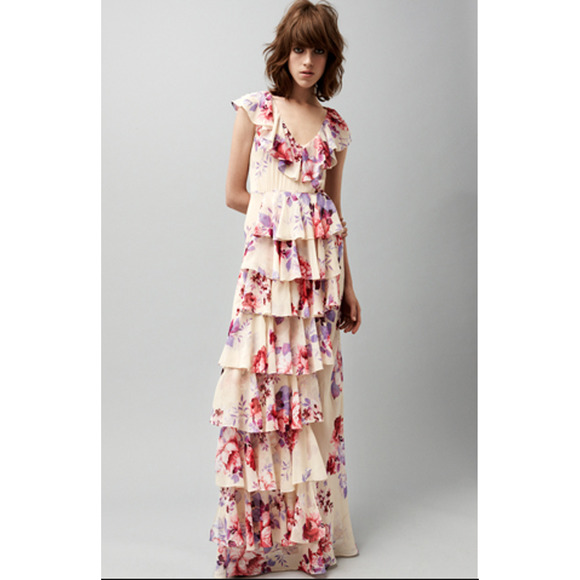 Jill Stuart Collection Silk Floral Tiered Ruffle Maxi Dress Cream/Pink Women's 0 - Picture 1 of 5
